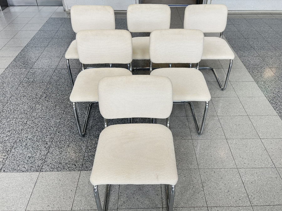 Marcel Breuer Style Tubular Chromed Steel Dining Chairs - A Set of 6
