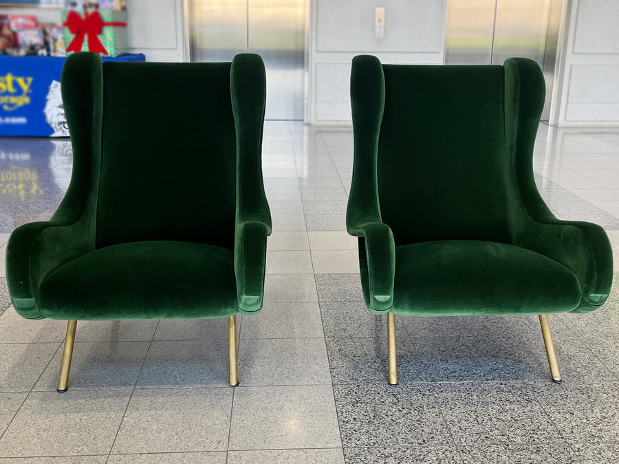 Marco Zanuso Green Velvet Mohair "Senior" Lounge Chairs - A Pair