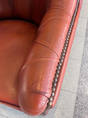 1960s Red Leather Danish Tufted Barrel Chairs - a Pair