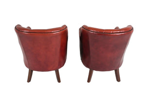 1960s Red Leather Danish Tufted Barrel Chairs - a Pair