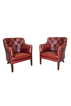 1960s Red Leather Danish Tufted Barrel Chairs - a Pair