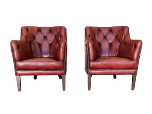 1960s Red Leather Danish Tufted Barrel Chairs - a Pair