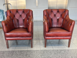 1960s Red Leather Danish Tufted Barrel Chairs - a Pair