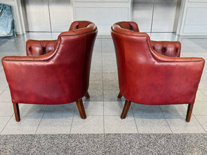 1960s Red Leather Danish Tufted Barrel Chairs - a Pair