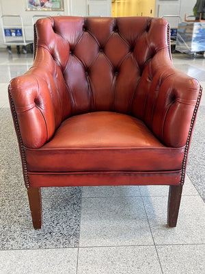 1960s Red Leather Danish Tufted Barrel Chairs - a Pair