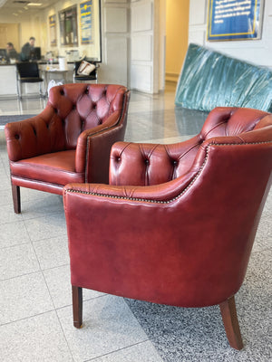 1960s Red Leather Danish Tufted Barrel Chairs - a Pair