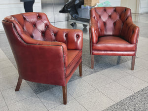 1960s Red Leather Danish Tufted Barrel Chairs - a Pair