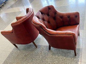 1960s Red Leather Danish Tufted Barrel Chairs - a Pair