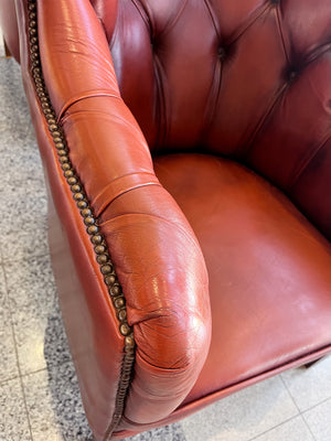 1960s Red Leather Danish Tufted Barrel Chairs - a Pair