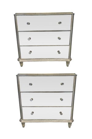 Set of Two Mirrored Glass Three Drawer Chests