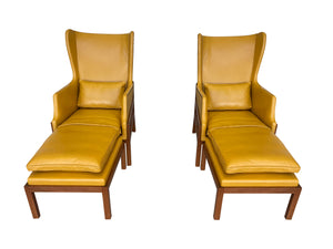 Custom Pair of Mid-Century Wingback Armchairs with Ottomans in the style of Mogens Koch