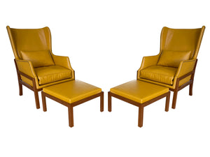 Custom Pair of Mid-Century Wingback Armchairs with Ottomans in the style of Mogens Koch