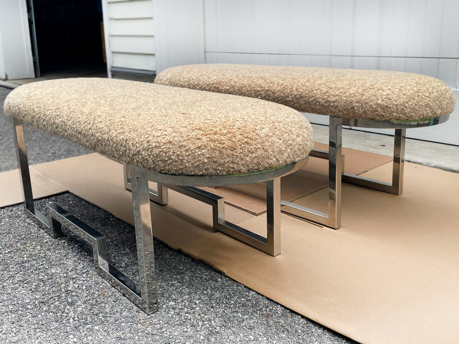 Midcentury Chrome Benches With Bouclé Upholstery - A Pair