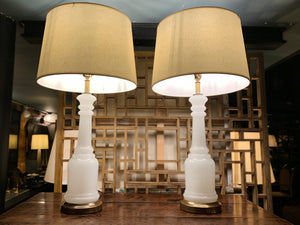 1940s Opalescent Glass Column Table Lamps - a Pair