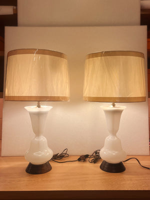 1940s Trumpet Lily Shaped Opalescent Glass Table Lamps - a Pair