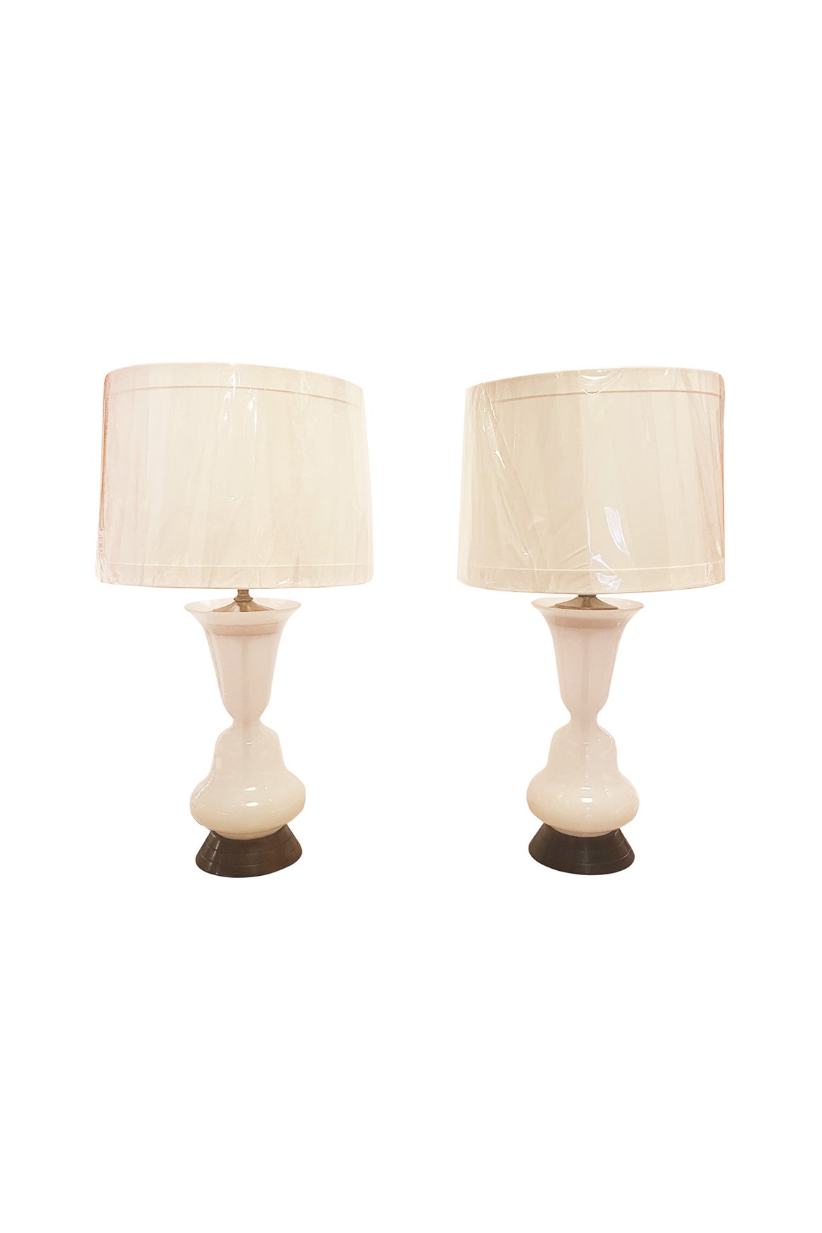 1940s Trumpet Lily Shaped Opalescent Glass Table Lamps - a Pair