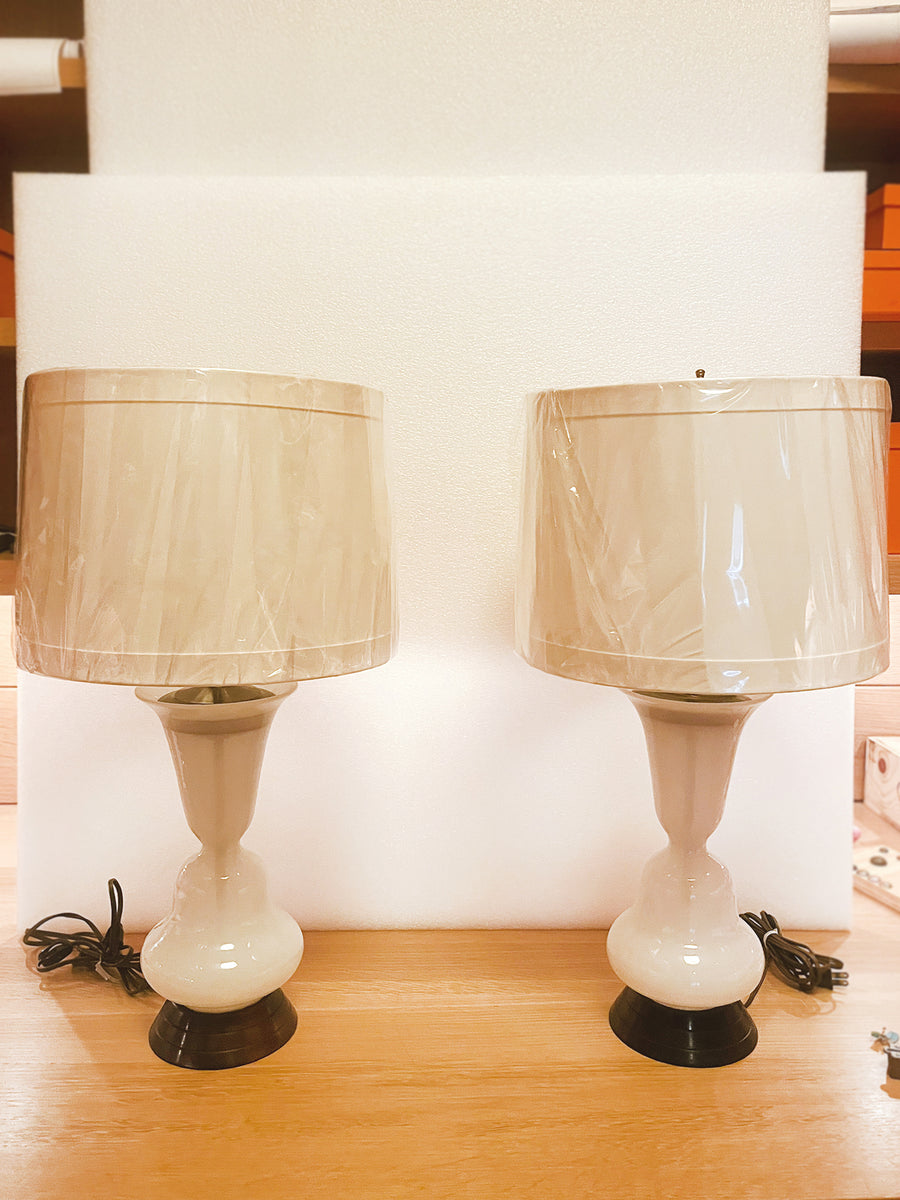 1940s Trumpet Lily Shaped Opalescent Glass Table Lamps - a Pair