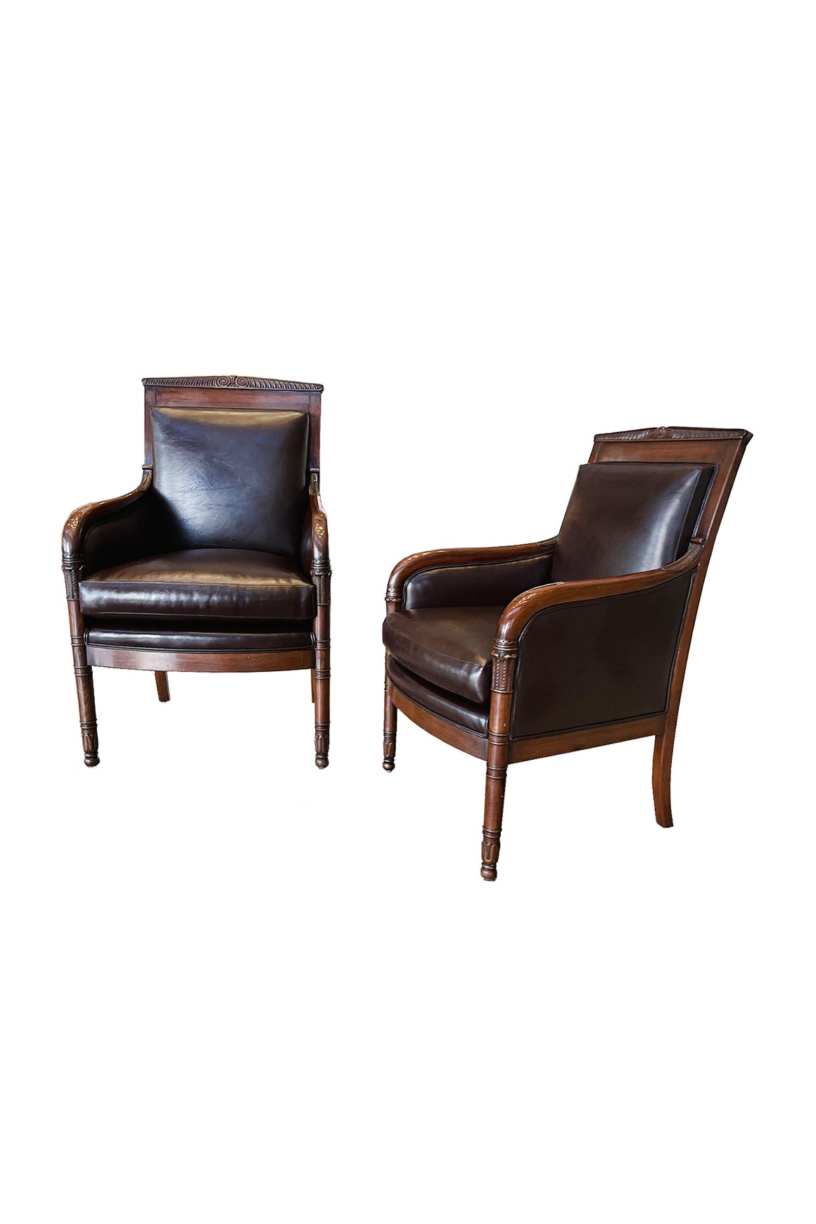 French Empire Armchairs in Brown Vegan Leather & Silk Velvet - A Pair