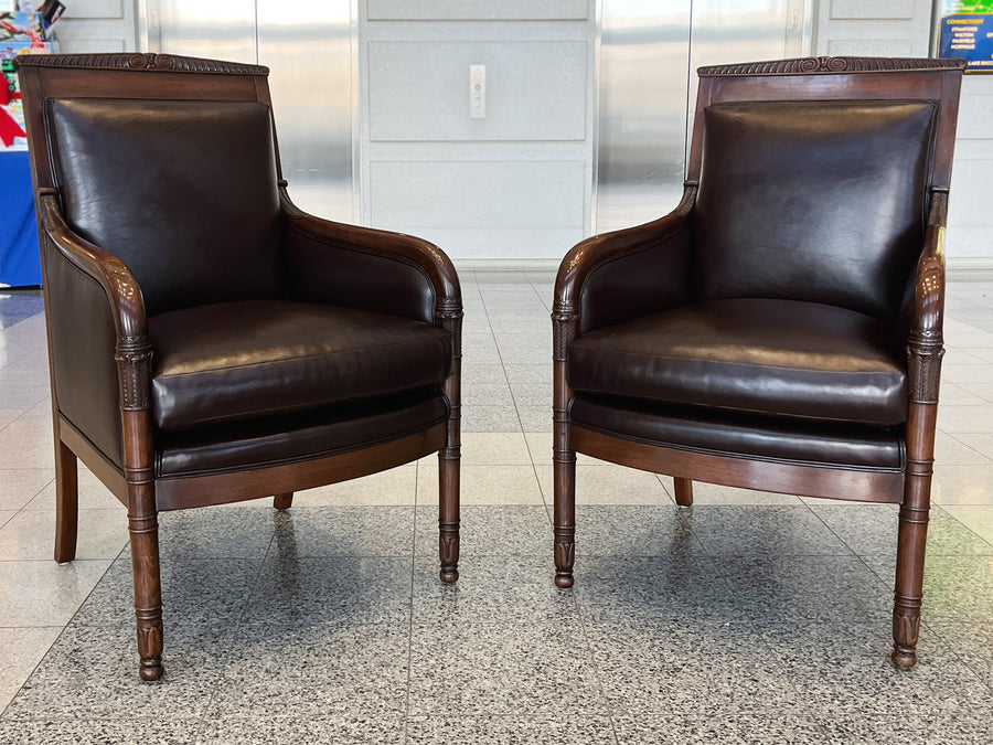 French Empire Armchairs in Brown Vegan Leather & Silk Velvet - A Pair