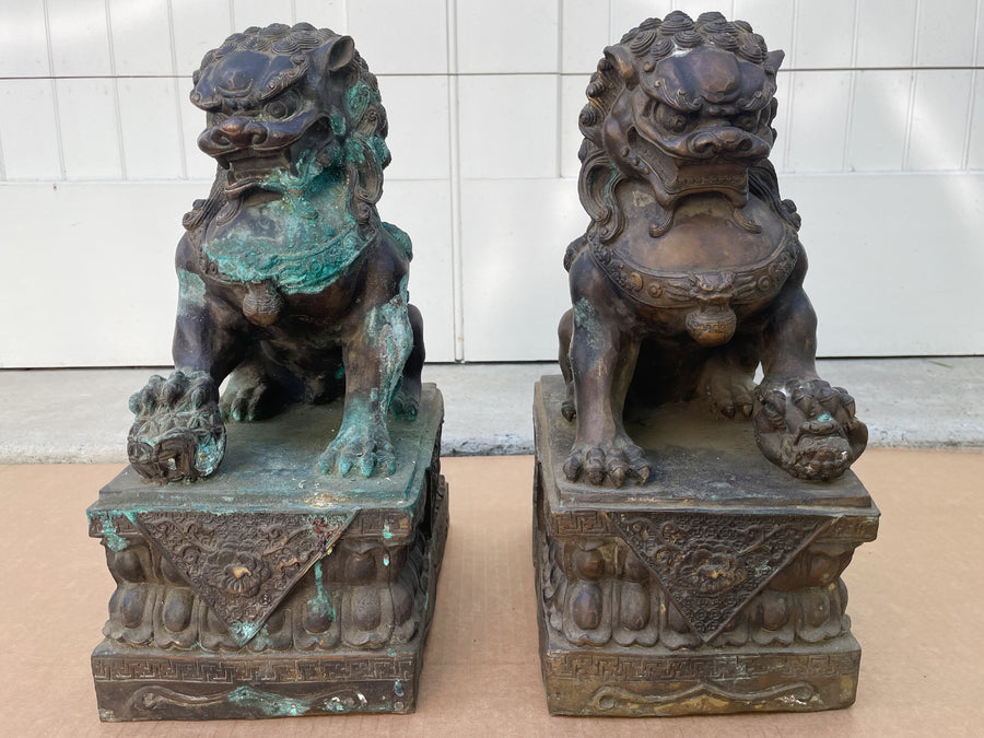 Antique Bronze Guardian Lions or Foo Dogs - A Pair