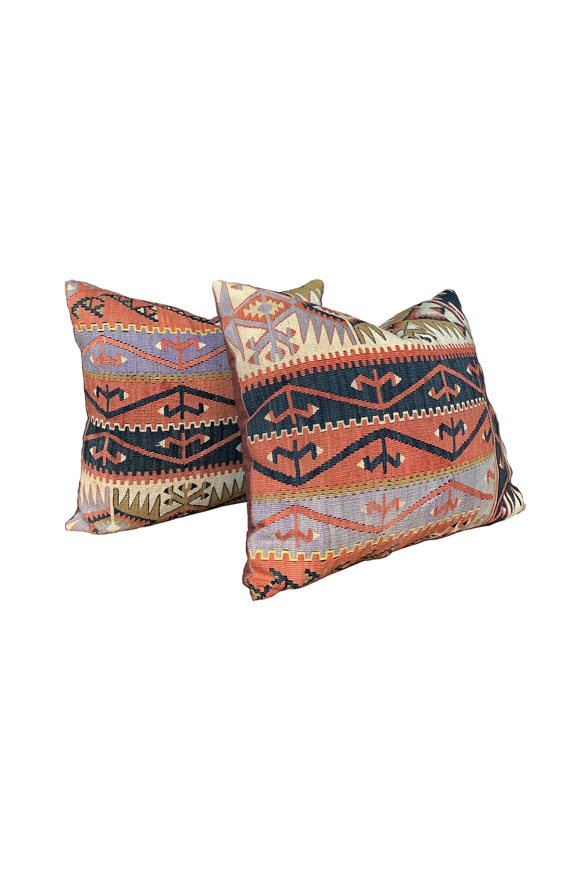 Handwoven Antique Kilim Rug Pillows, Geometric Design, 20th Century - A Pair