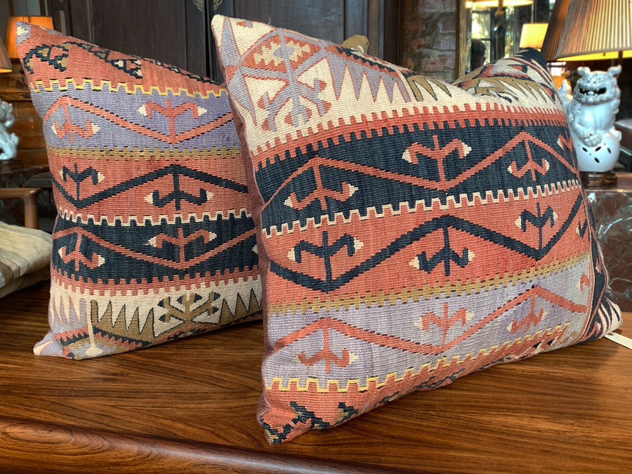 Handwoven Antique Kilim Rug Pillows, Geometric Design, 20th Century - A Pair