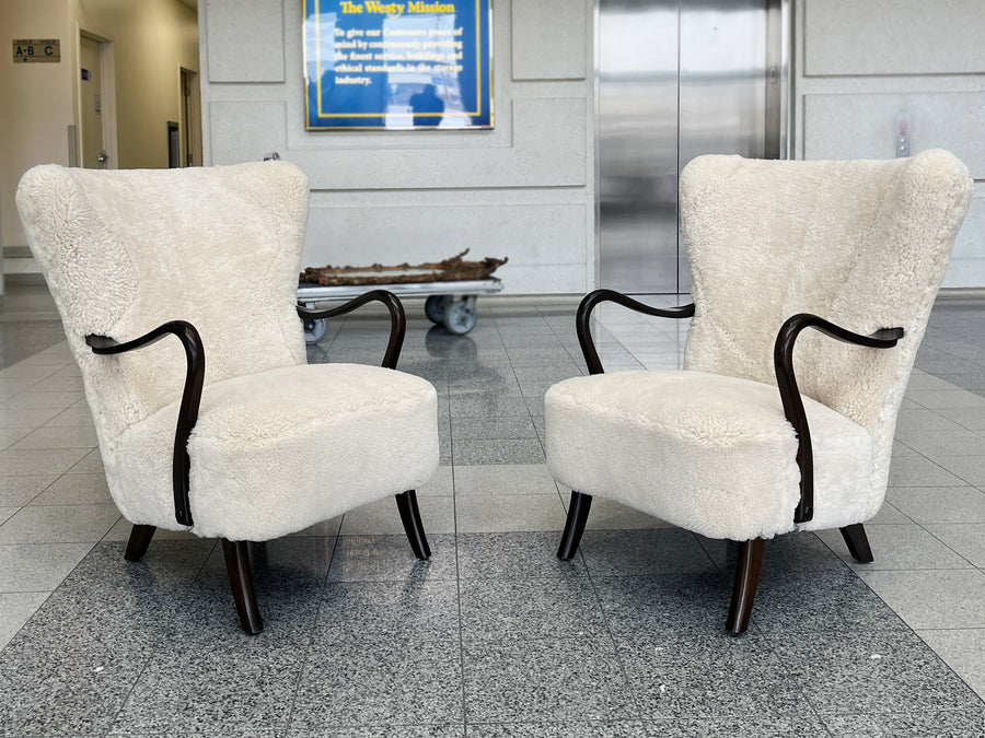 1940s Alfred Christensen Armchairs in White Shearling - A Pair