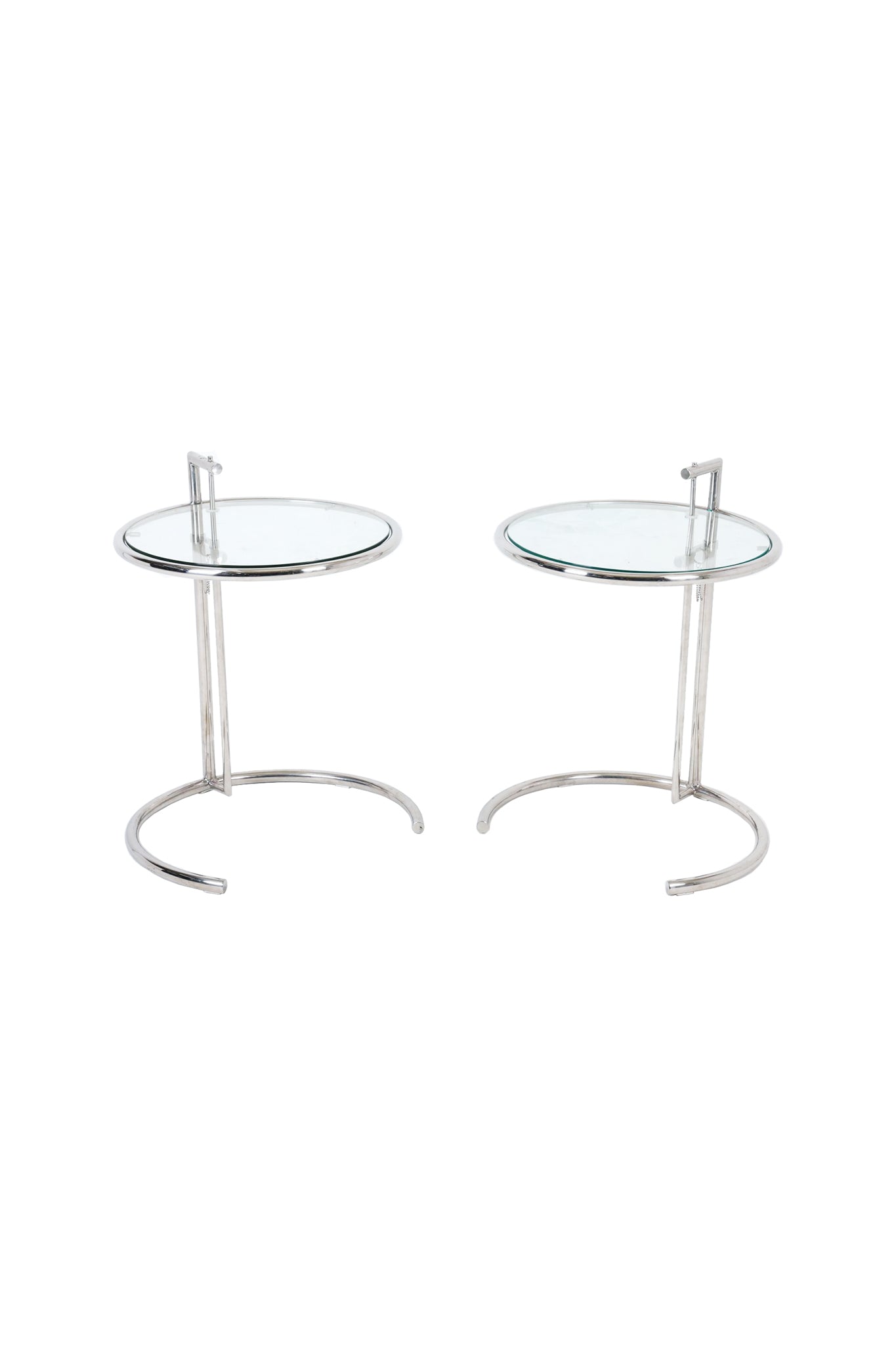 Eileen Gray Style Round Chrome Steel & Glass Side Tables - A Pair