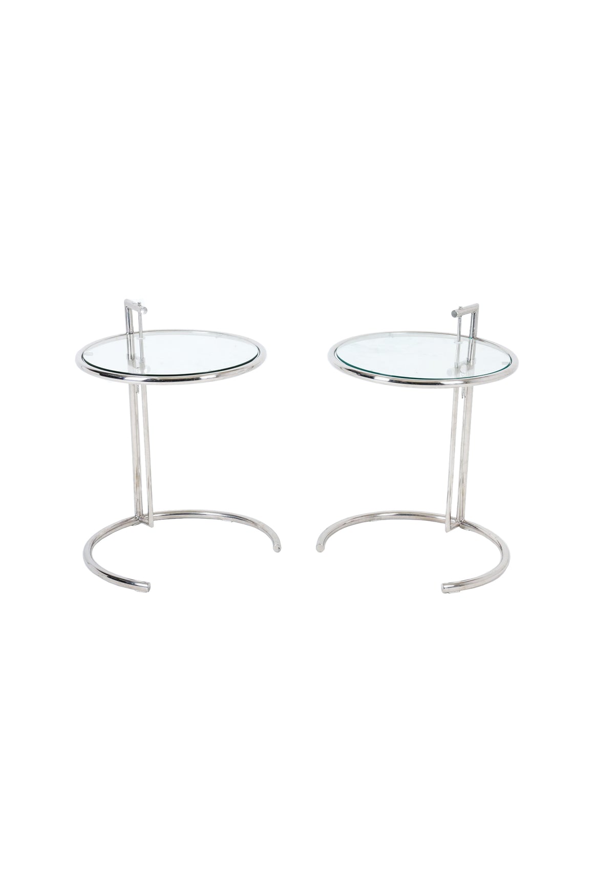 Eileen Gray Style Round Chrome Steel & Glass Side Tables - A Pair