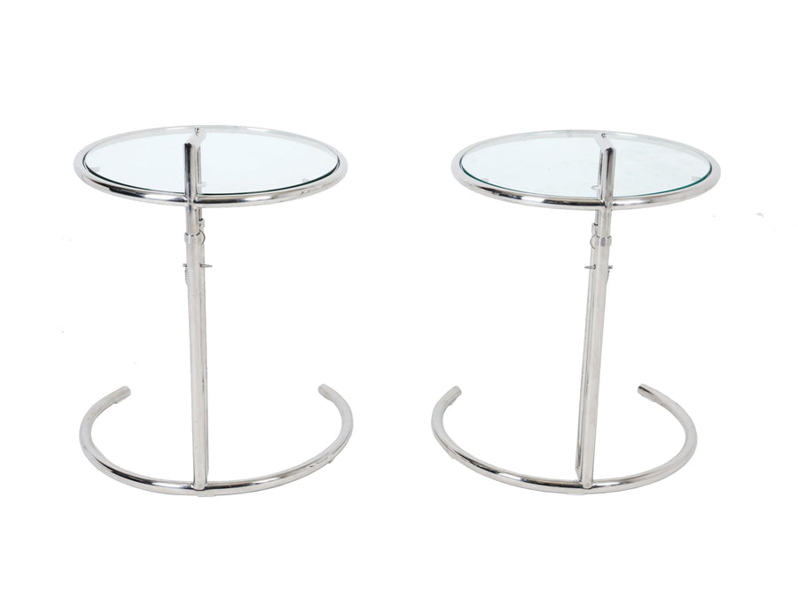 Eileen Gray Style Round Chrome Steel & Glass Side Tables - A Pair