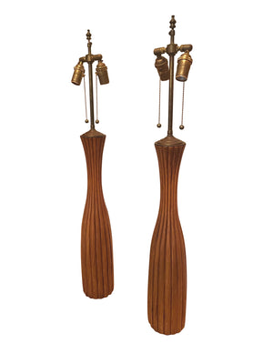 1960s Fluted Teak Table Lamps - a Pair