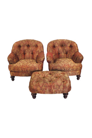 Tufted Arm Chairs & Ottoman in the Style of George Smith - A Set of 3