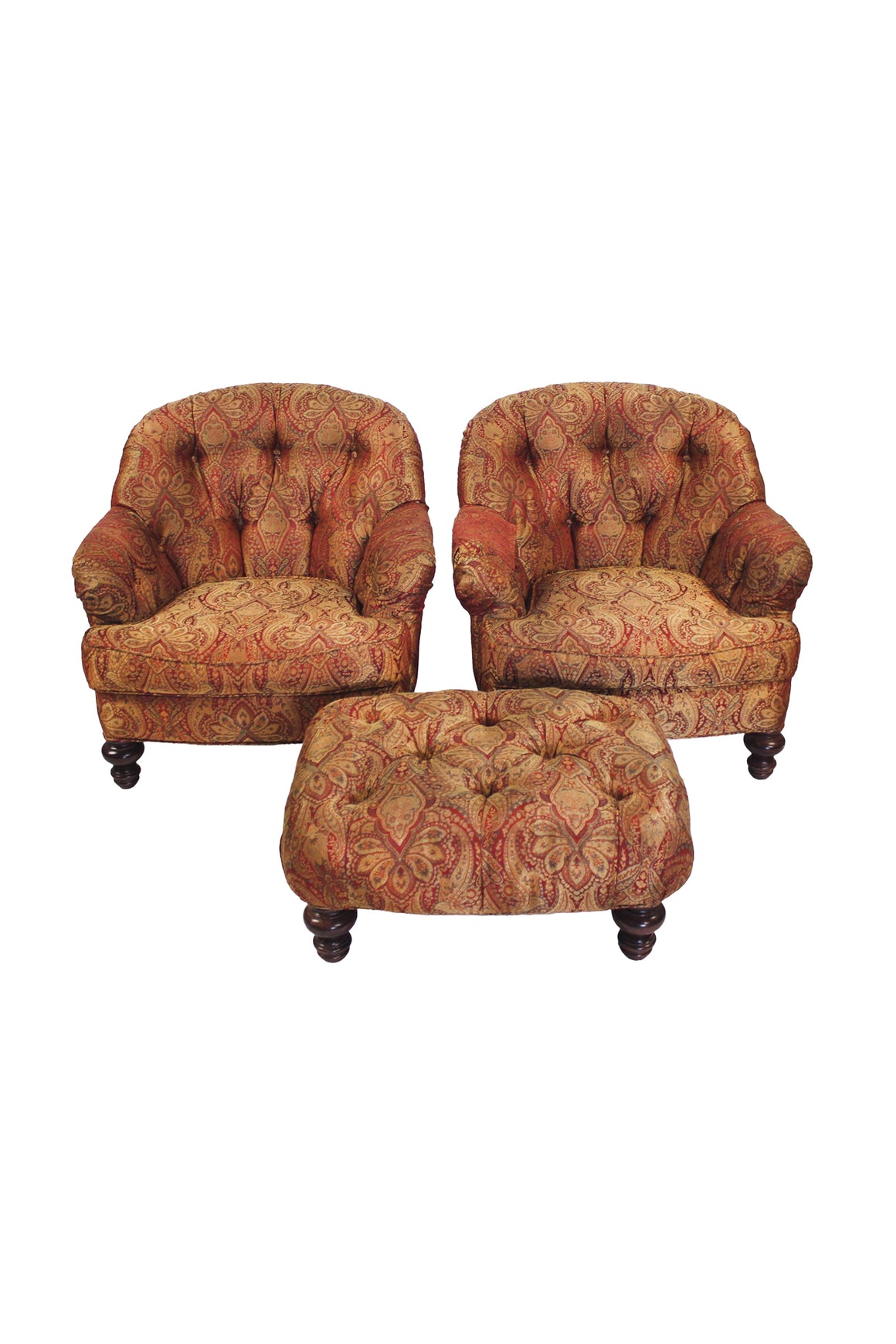Tufted Arm Chairs & Ottoman in the Style of George Smith - A Set of 3