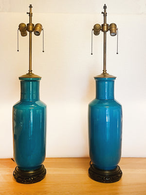 Midcentury Blue Porcelain Table Lamps by Warren Kessler - a Pair