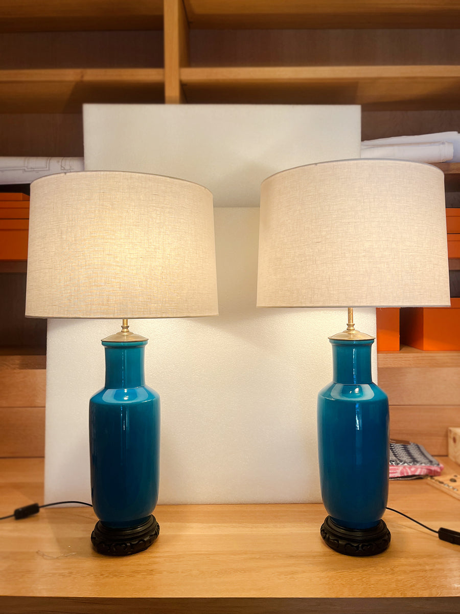 Midcentury Blue Porcelain Table Lamps by Warren Kessler - a Pair