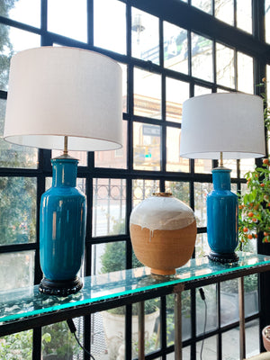 Midcentury Blue Porcelain Table Lamps by Warren Kessler - a Pair