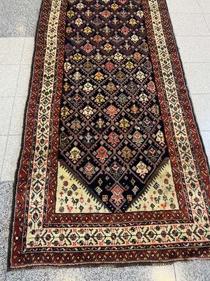 Antique Hand Knotted Colorful Tribal Runner | 11'10" x 3'8"