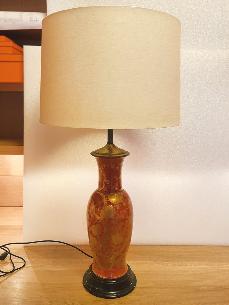 Mid 20th Century Chinese Red & Gold Urn Table Lamp