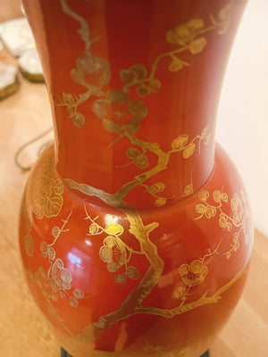 Mid 20th Century Chinese Red & Gold Urn Table Lamp