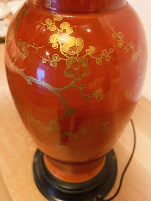 Mid 20th Century Chinese Red & Gold Urn Table Lamp