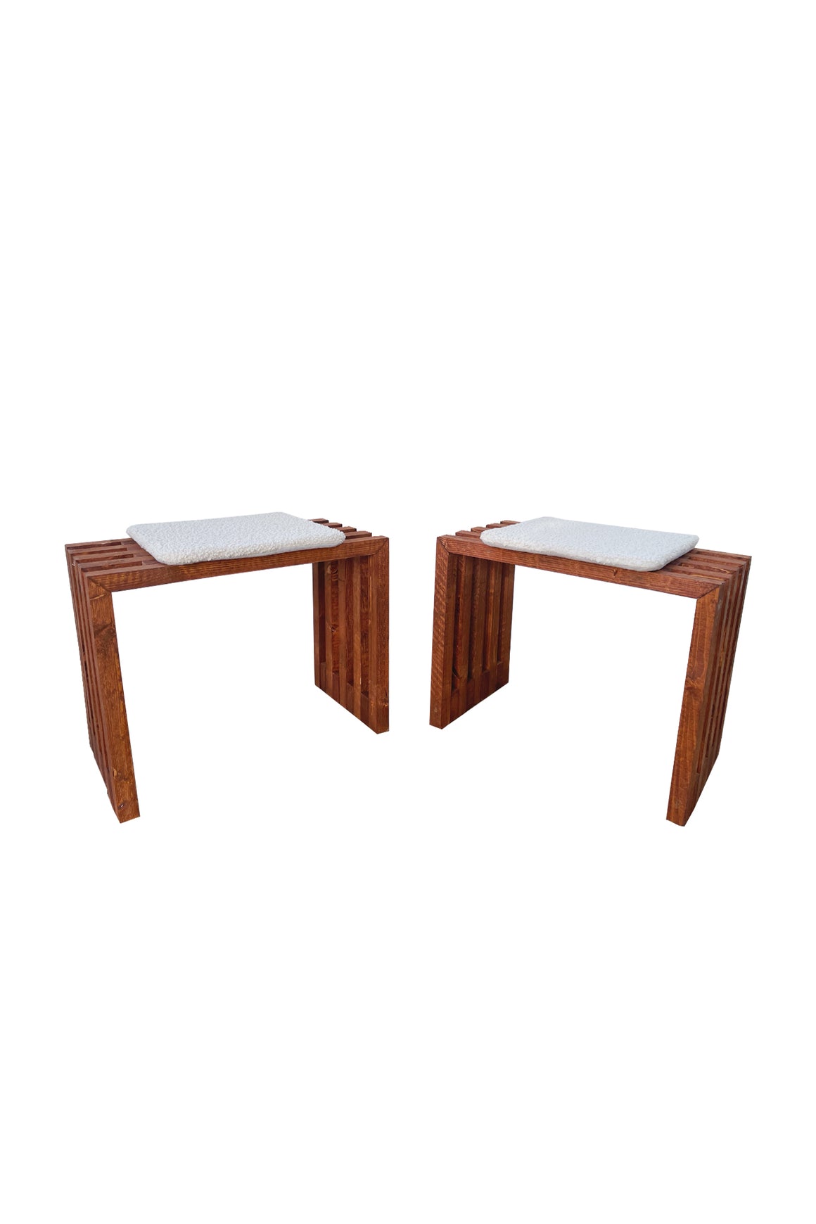 Scandinavian Modern Pine Slatted Benches With Shearling Cushions - A Pair