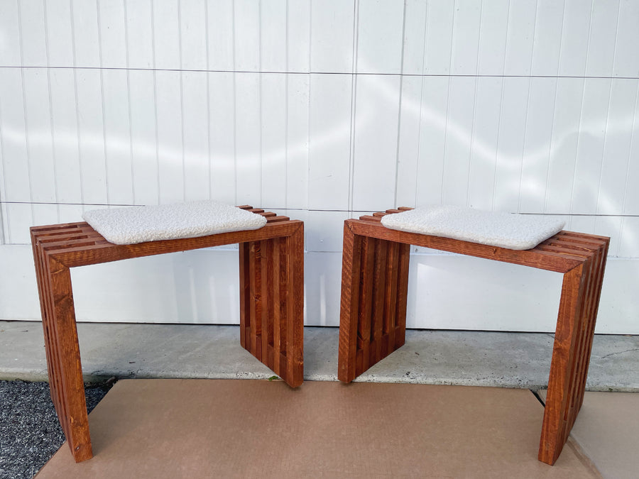 Scandinavian Modern Pine Slatted Benches With Shearling Cushions - A Pair