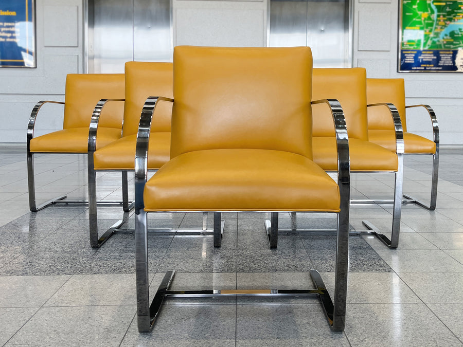 Chrome & Yellow Leather Chairs in the Style of Ludwig Mies van der Rohe & Lilly Reich - A Set of 6
