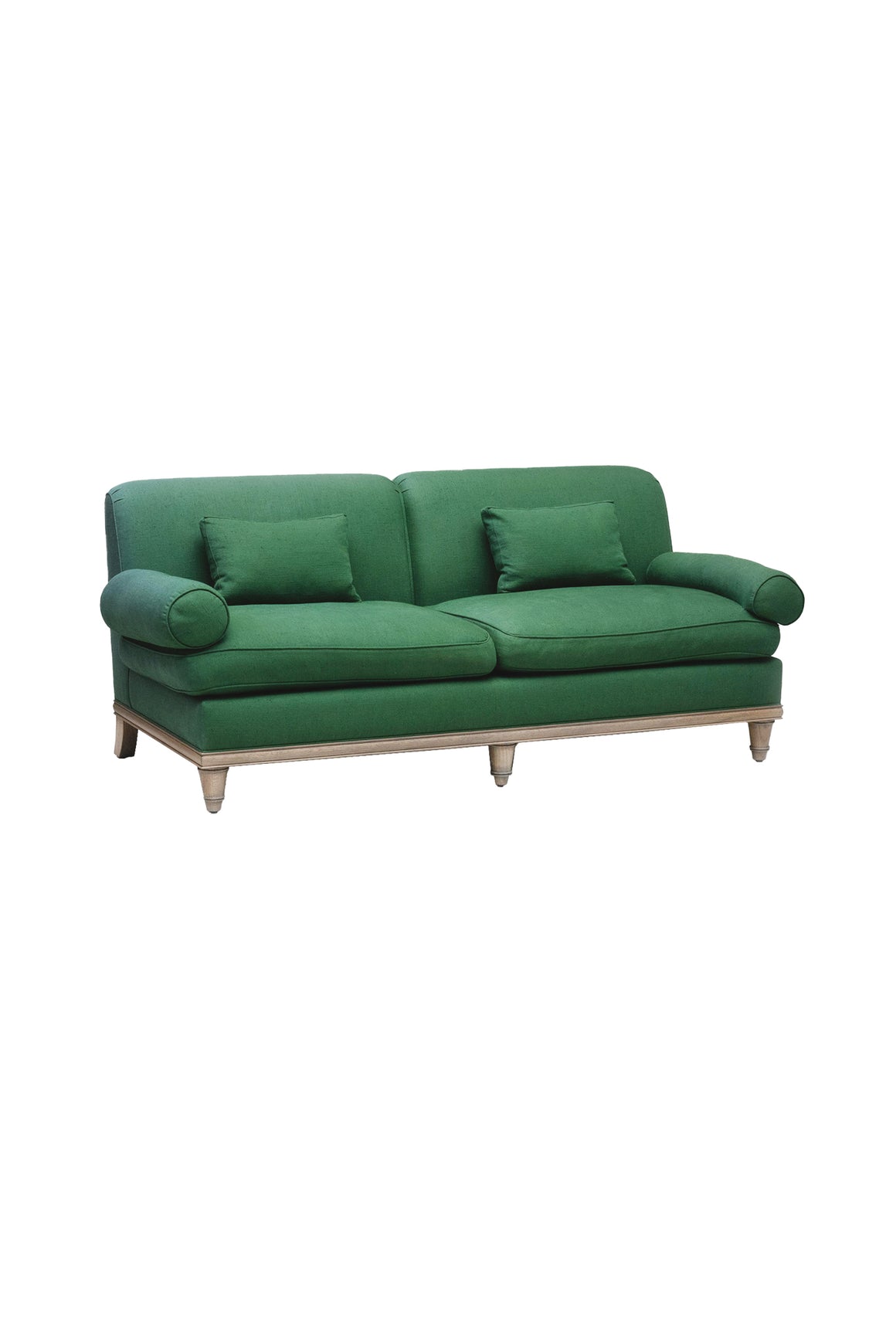 Custom Carved Oak & Green Linen Sofa by Steven Gambrel