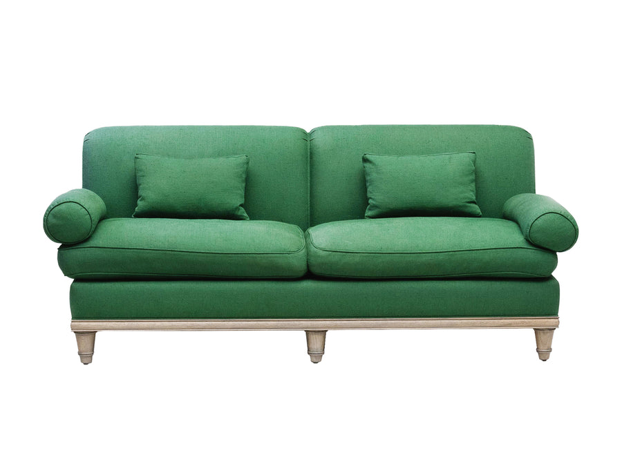 Custom Carved Oak & Green Linen Sofa by Steven Gambrel