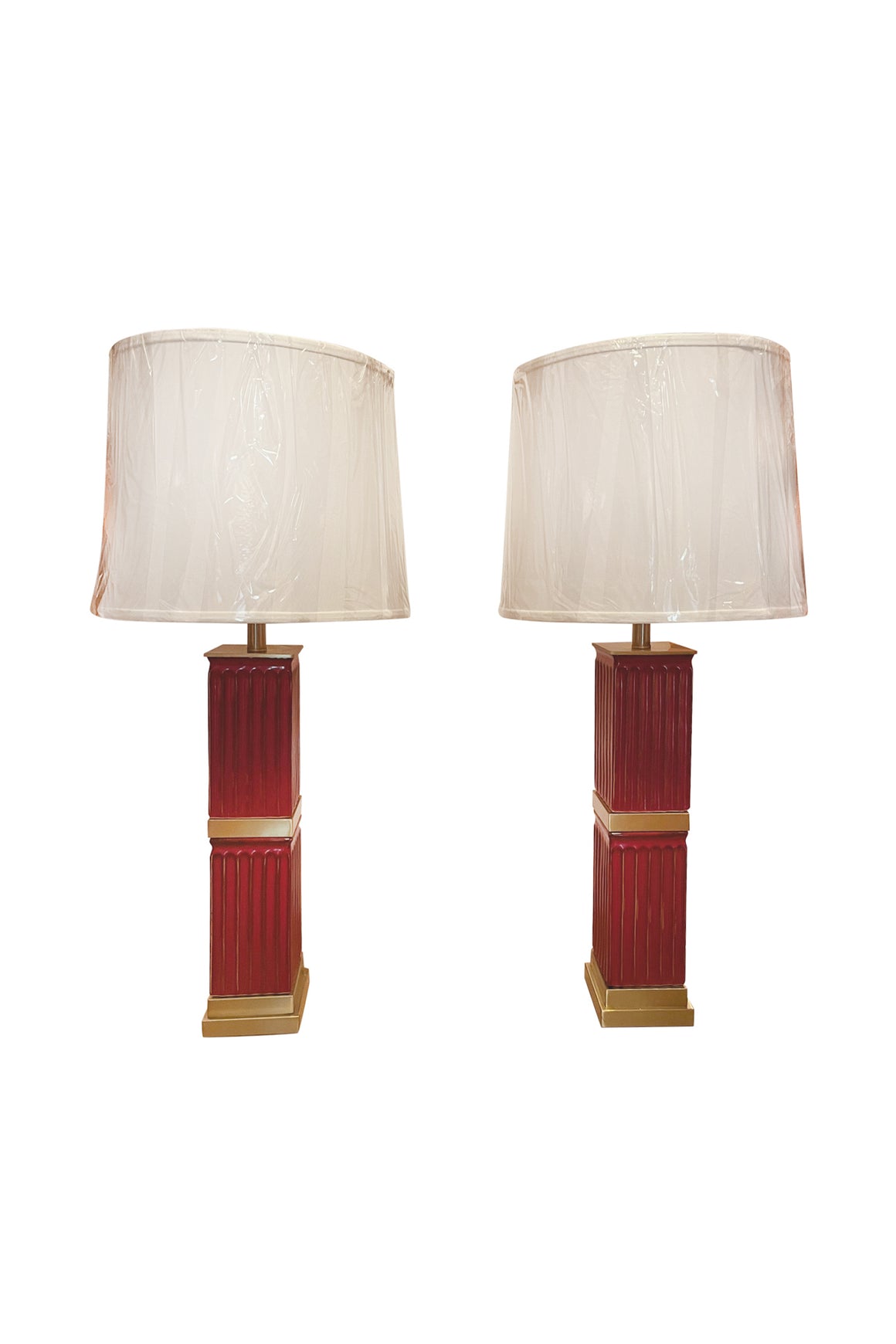 Pair of Fluted Red Ceramic Table Lamps