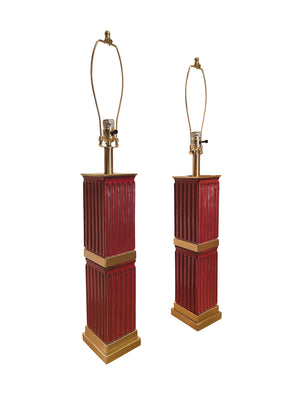 Pair of Fluted Red Ceramic Table Lamps