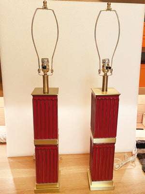 Pair of Fluted Red Ceramic Table Lamps