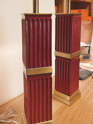 Pair of Fluted Red Ceramic Table Lamps