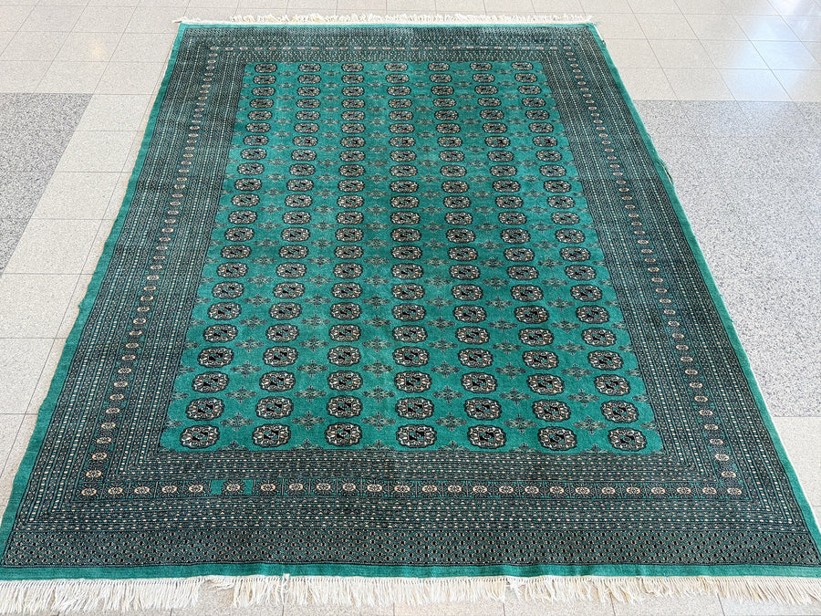 Vintage Turquoise Green Bokhara Rug | 7' 8" x 10' 3"
